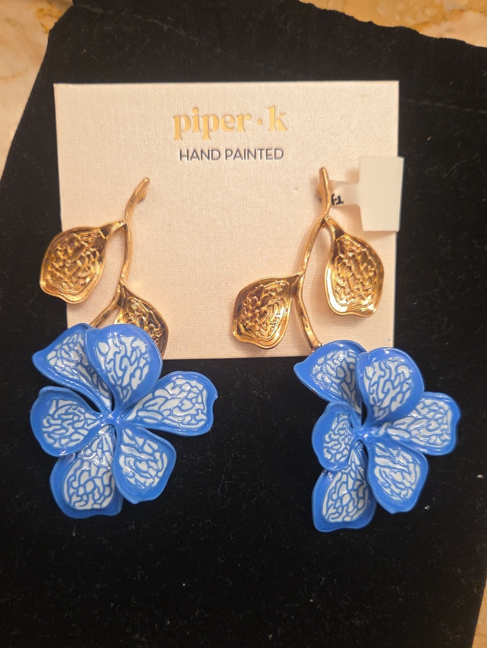 Piper K Hand-Painted Blue and Gold Floral Drop Earrings